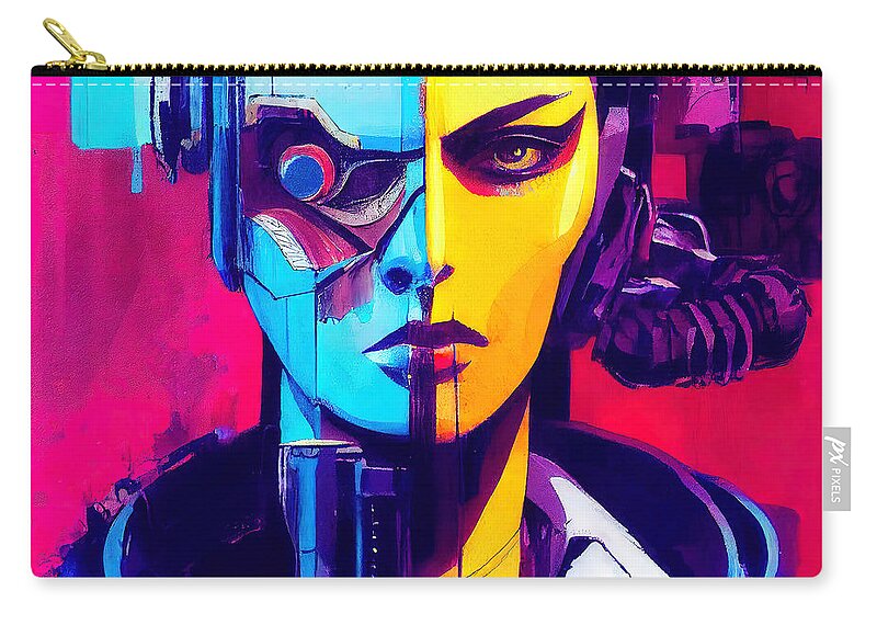 Robot Zip Pouch featuring the painting Cyberpunk Society, 05 by AM FineArtPrints