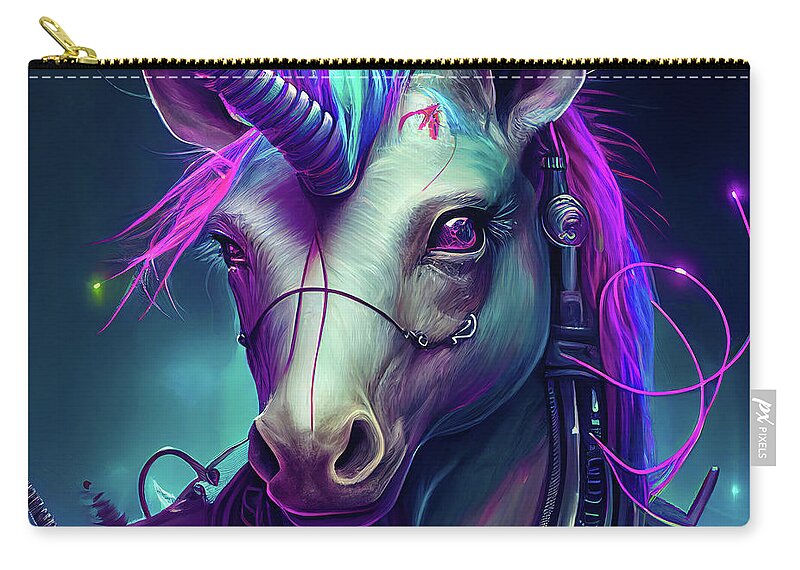 Unicorn Zip Pouch featuring the digital art Cyberpunk Unicorn Portrait 01 by Matthias Hauser