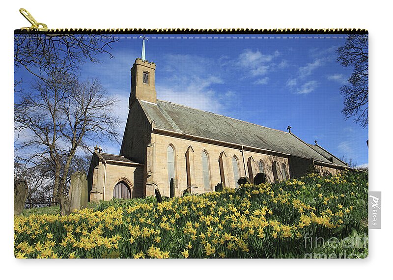 Daffodils Zip Pouch featuring the photograph Daffodils Church by Bryan Attewell