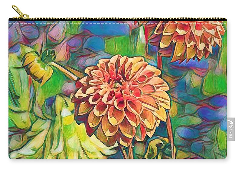Orange Carry-all Pouch featuring the mixed media Dahlias by Ron Grafe