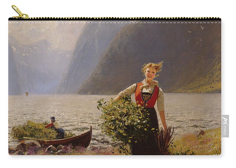 Hans Dahl Zip Pouch featuring the painting Dairymaid and leaf bunt by O Vaering by Hans Dahl
