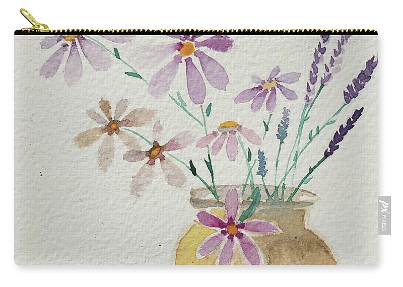 Daisies Carry-all Pouch featuring the painting Daisies and Lavender by Roxy Rich