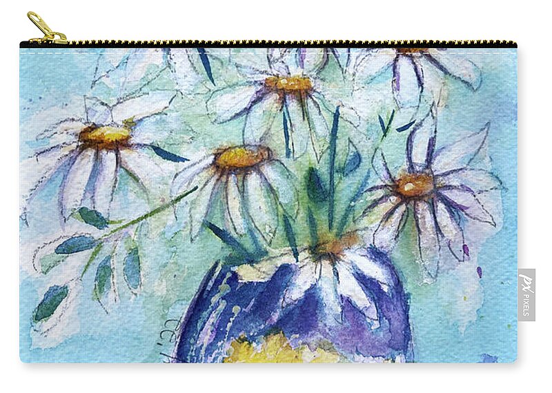 Loose Floral Zip Pouch featuring the painting Daisies in a Purple Vase by Roxy Rich