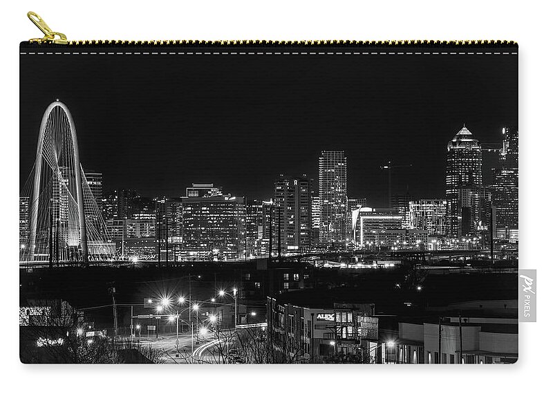 Downtown Dallas Skyline At Night Zip Pouch featuring the photograph Dallas Texas Panorama At Night by Dan Sproul