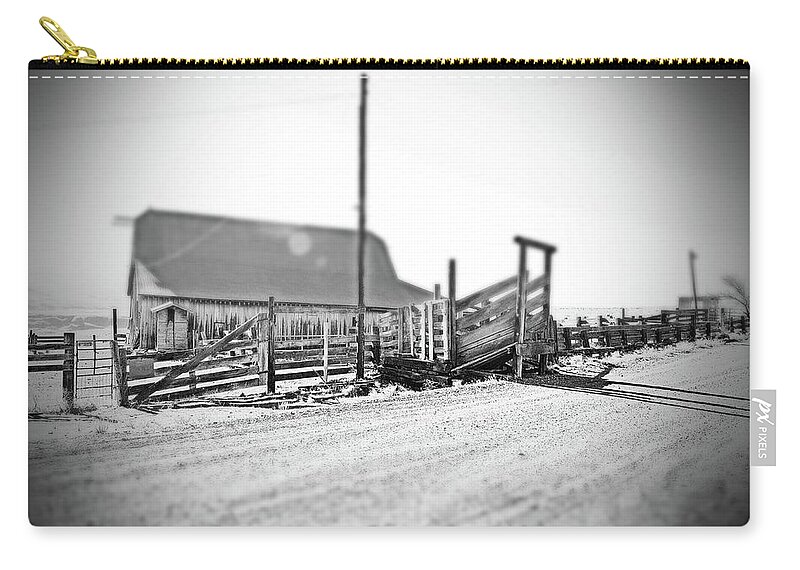  Zip Pouch featuring the digital art Dalles, MT Ranch Cattle Shoot. B/W Tilt-shift by Fred Loring