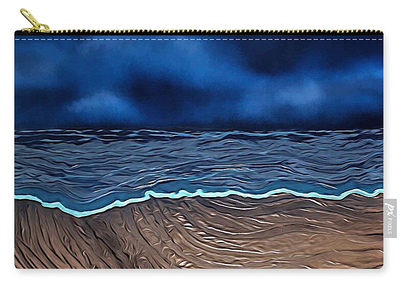 Stormy Beach Zip Pouch featuring the mixed media Dark And Stormy Beach by Joan Stratton