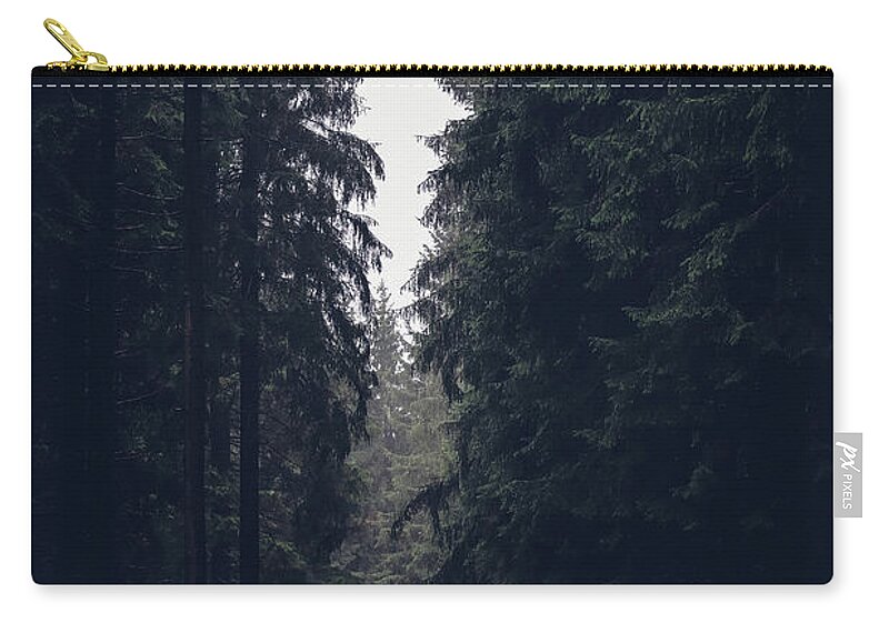 Forest Carry-all Pouch featuring the photograph Dark atmosphere in forest. Forgotten road in rainy day by Vaclav Sonnek