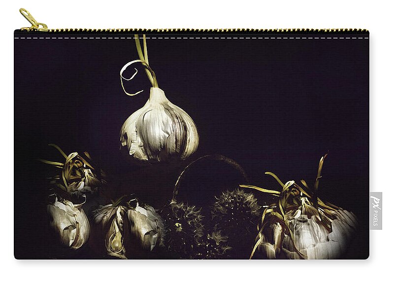 Dark Zip Pouch featuring the mixed media Dark Garlic Still Life by Shelli Fitzpatrick