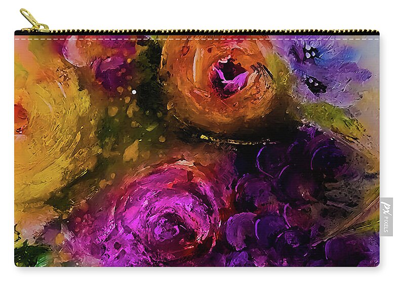 Dark Zip Pouch featuring the painting Dark Painterly Swirled Flowers with Grapes by Lisa Kaiser