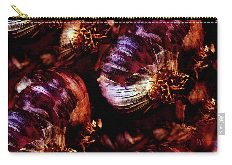 Dark Zip Pouch featuring the digital art Dark Purple Garlic Abstract by Shelli Fitzpatrick