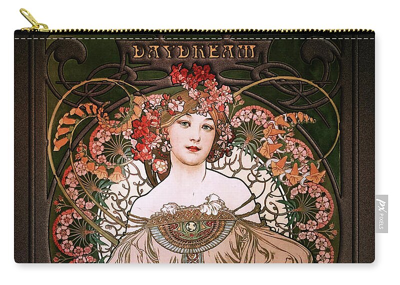 Daydream Carry-all Pouch featuring the painting Daydream by Alphonse Mucha Black Background by Rolando Burbon