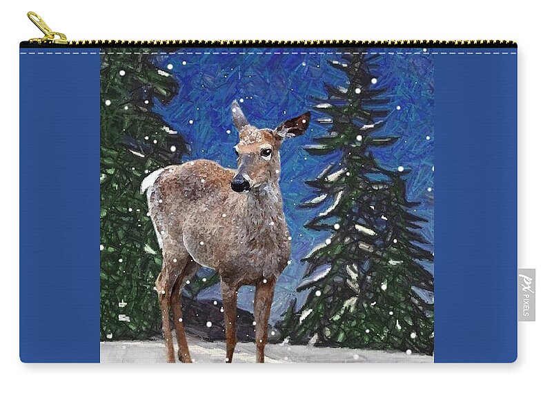 Nature Zip Pouch featuring the mixed media Deer in Snow by Judy Cuddehe