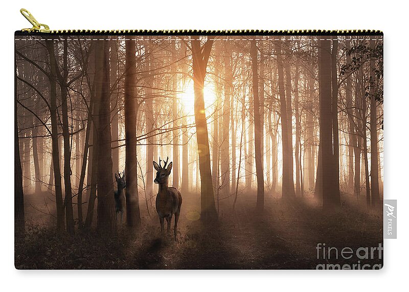 Forest Zip Pouch featuring the photograph Deer in woods at sunrise in Norfolk England by Simon Bratt