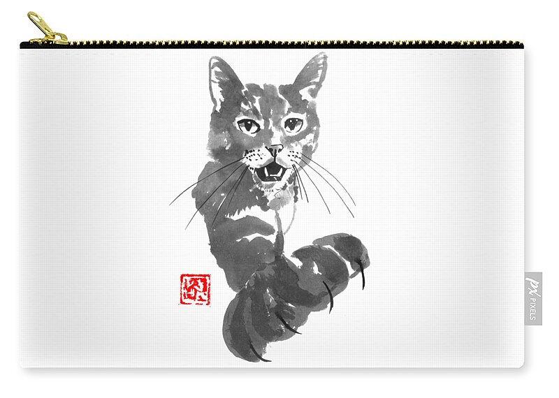 Cat Zip Pouch featuring the drawing Demanding Cat by Pechane Sumie