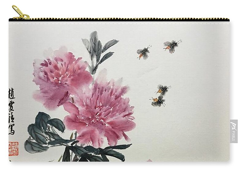 Peony Flowers Zip Pouch featuring the painting Depend On Each Other - 2 by Carmen Lam