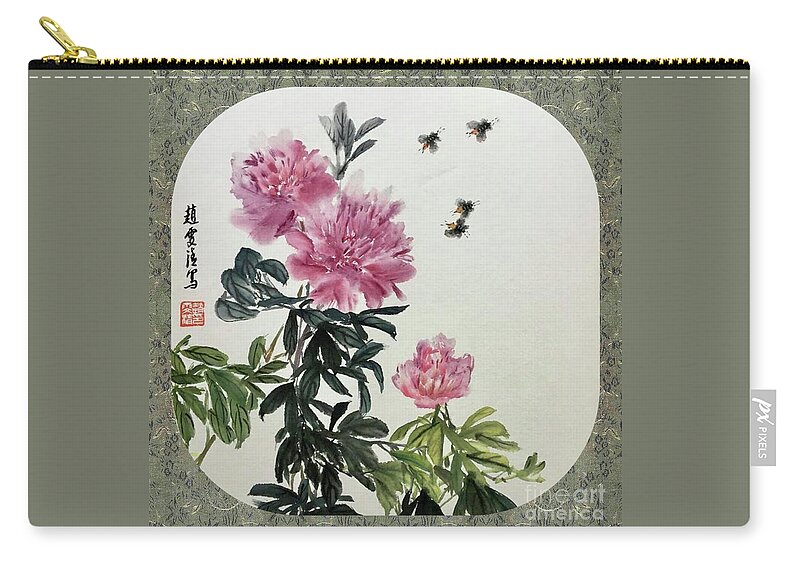 Peony Flowers Zip Pouch featuring the painting Depend On Each Other - 4 by Carmen Lam