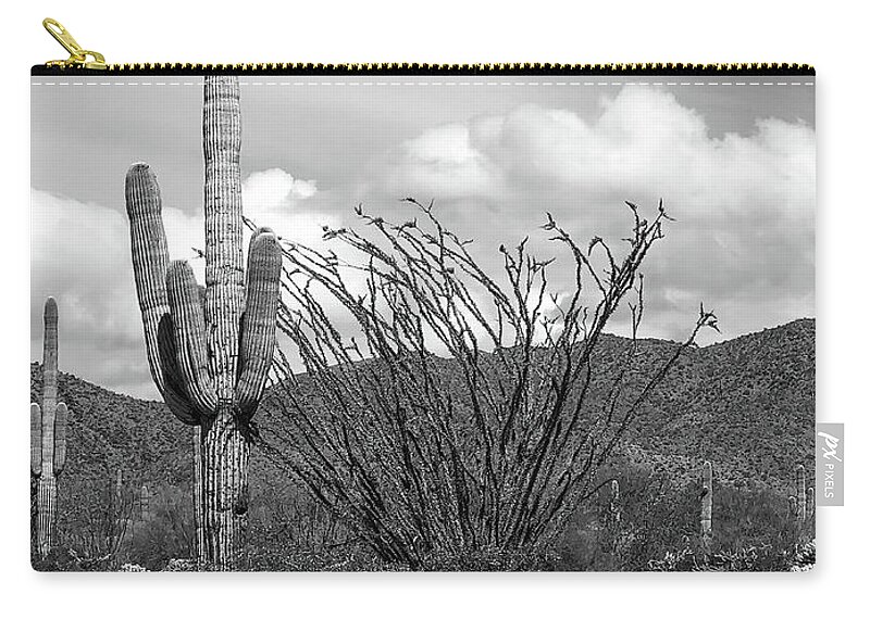 Desert Zip Pouch featuring the photograph Desert Landscape Black and White Vertical by Teresa Wilson