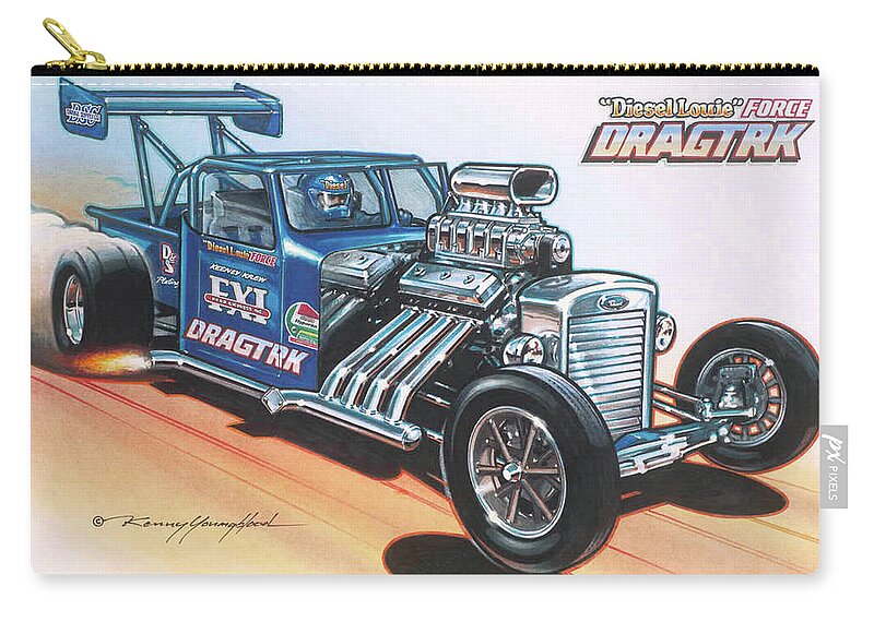 Nhra Funny Car Hell Fire Nitro Top Fuel Dragster Kenny Youngblood John Force Zip Pouch featuring the painting Diesel Louie by Kenny Youngblood