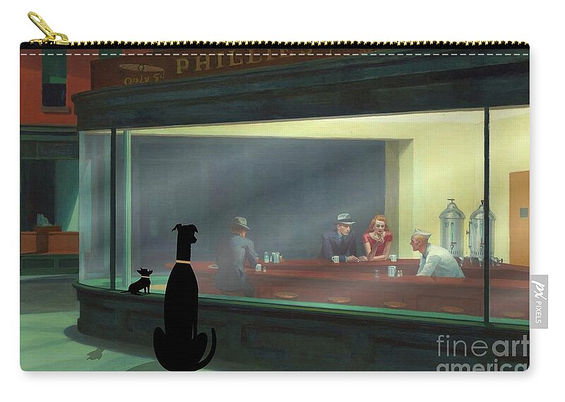 Nighthawks Zip Pouch featuring the digital art Dogs Peer Into Nighthawks Diner by Donna Mibus