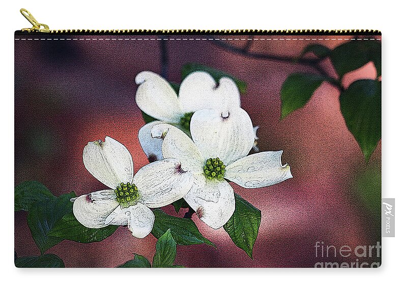 Dogwood; Flower; Blossom; White Flower; Tree; Raindrops; Rain; Water; Red; White; Green; Horizontal; Botanical; Nature; Zip Pouch featuring the digital art Dogwood in Red by Tina Uihlein