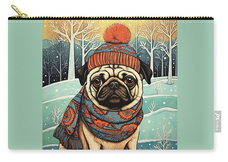 Pug Zip Pouch featuring the digital art Dougie the Pug in Winter by Peggy Collins