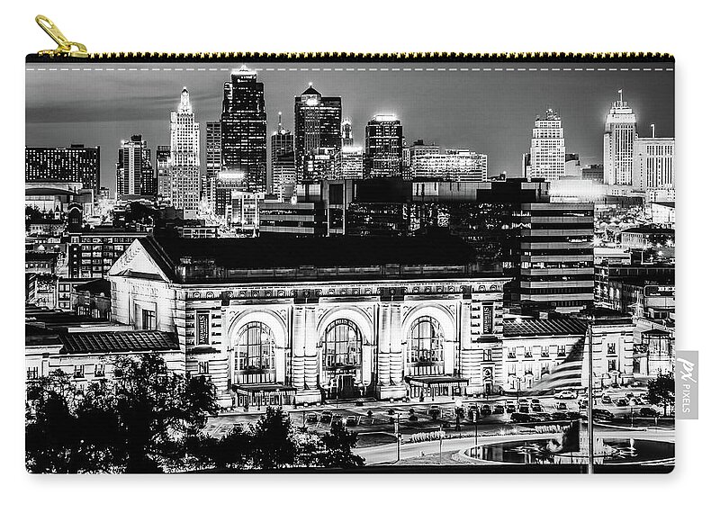 Kansas City Skyline Zip Pouch featuring the photograph Downtown Kansas City Skyline and Union Station in Black and White by Gregory Ballos