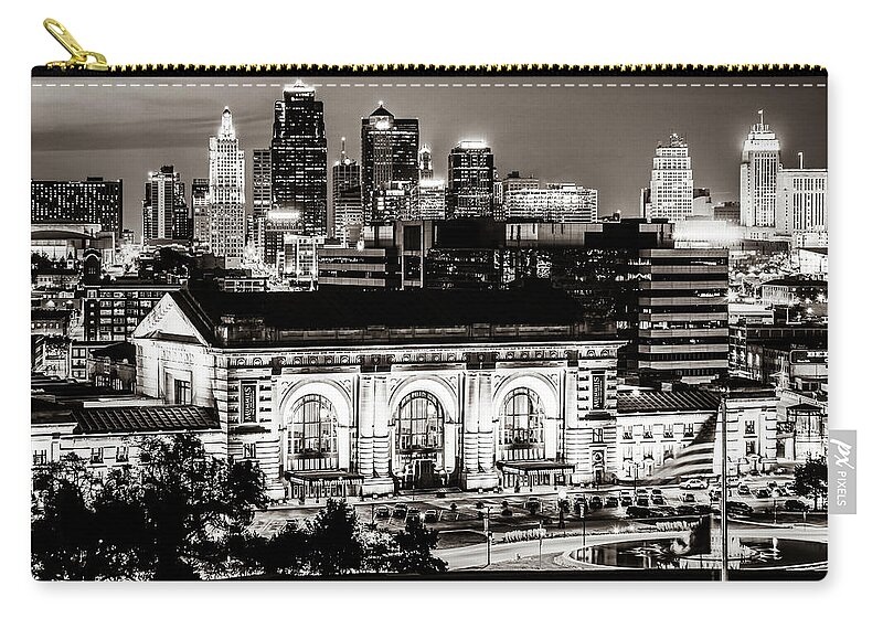 Kansas City Skyline Zip Pouch featuring the photograph Downtown Kansas City Skyline and Union Station in Sepia by Gregory Ballos