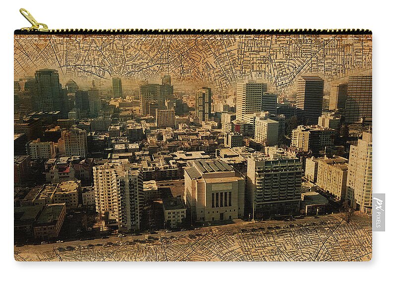 Oakland Zip Pouch featuring the digital art Downtown Oakland skyline blended with an 1938 map of the city, and printed on old paper texture by Nicko Prints