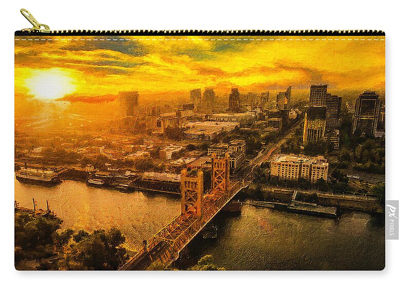 Sacramento Zip Pouch featuring the digital art Downtown Sacramento and Tower Bridge at sunset - digital painting by Nicko Prints