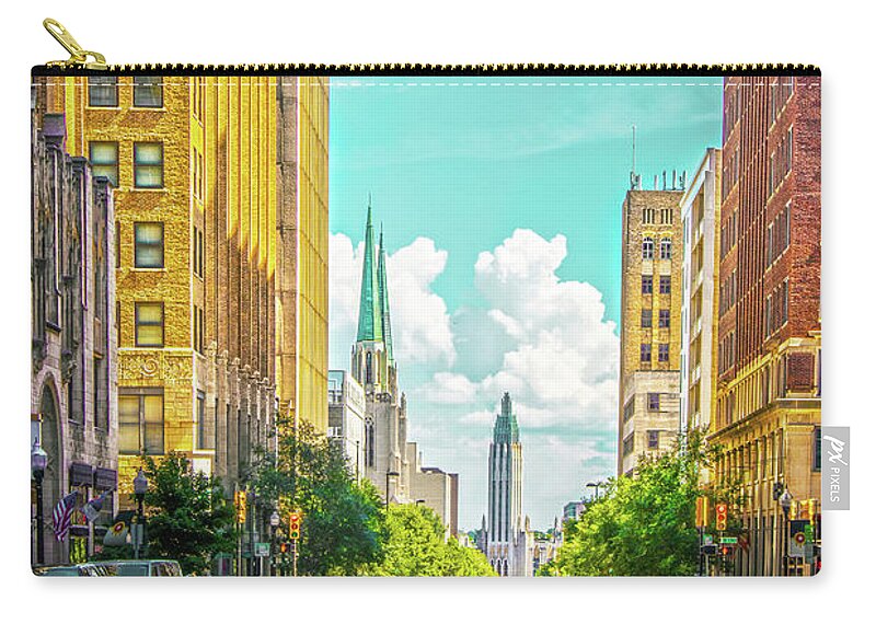 Main Street Zip Pouch featuring the photograph Downtown Tulsa with turquoise sky - Modern and Art Deco building by Susan Vineyard