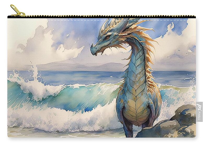 Mythology Zip Pouch featuring the painting Dragon At Beach by N Akkash