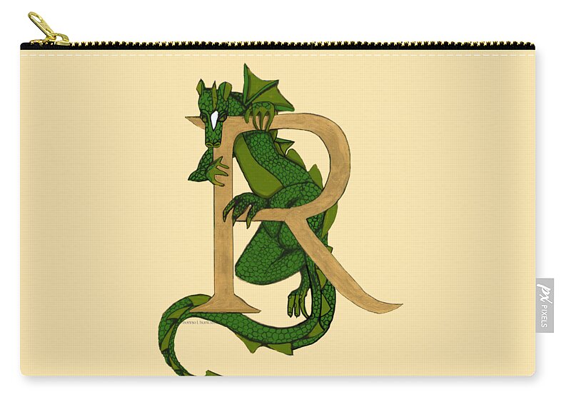 Dragon Zip Pouch featuring the mixed media Dragon Letter R no rose by Donna Huntriss