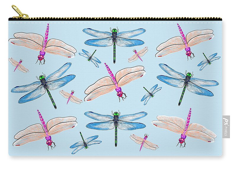 Dragonflies In Blue Sky By Judy Link Cuddehe Zip Pouch featuring the mixed media Dragonflies in Blue Sky by Judy Link Cuddehe