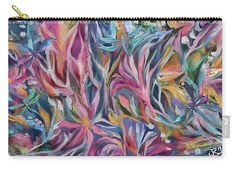 Abstract Flowers Zip Pouch featuring the digital art Dragonflies in the Garden by Jean Batzell Fitzgerald
