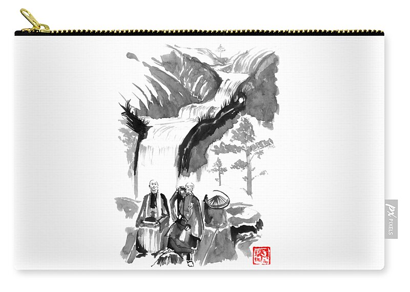  Sumie Zip Pouch featuring the drawing Drinking Monks by Pechane Sumie