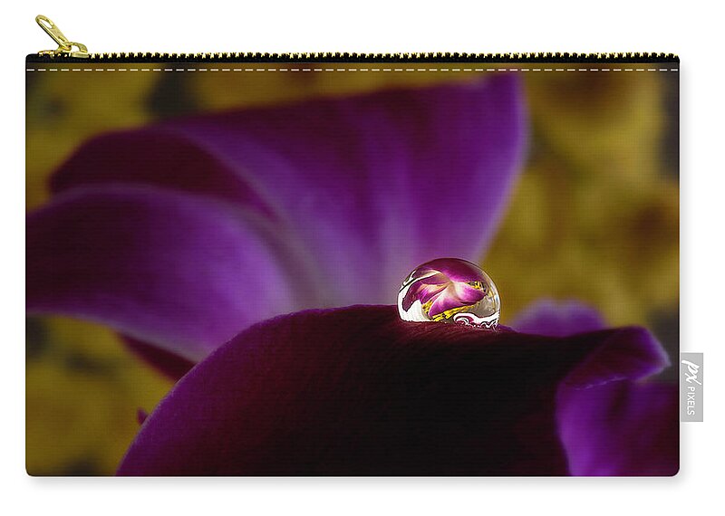Macro Zip Pouch featuring the photograph Drop on an purple orchid 2 by Wolfgang Stocker