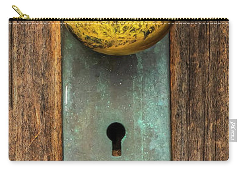 Weathered Zip Pouch featuring the photograph Dual Keyholes And Weathered Doorknob by Gary Slawsky