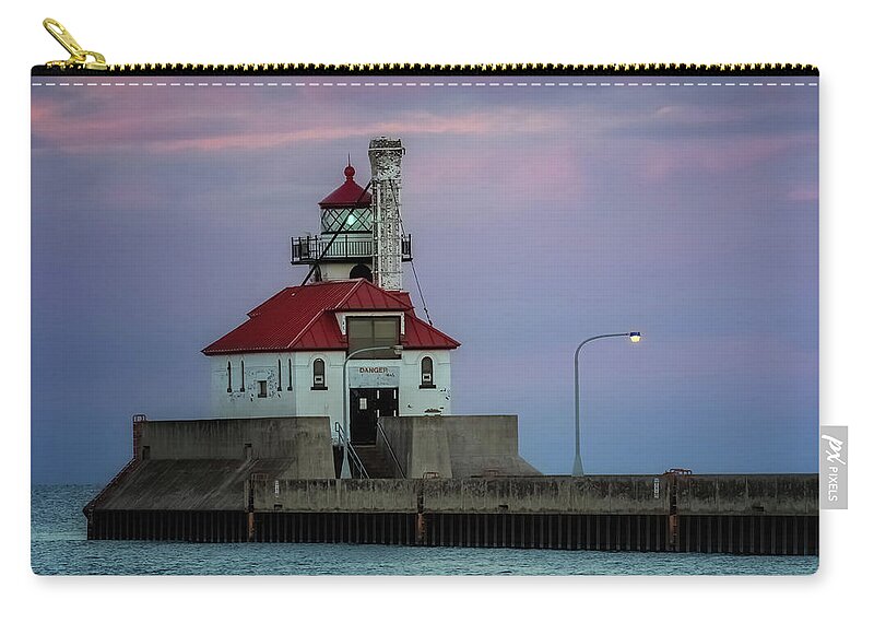 Duluth Lighthouse Zip Pouch featuring the photograph Duluth South Breakwater Outer Light After Sunset by Susan Rissi Tregoning