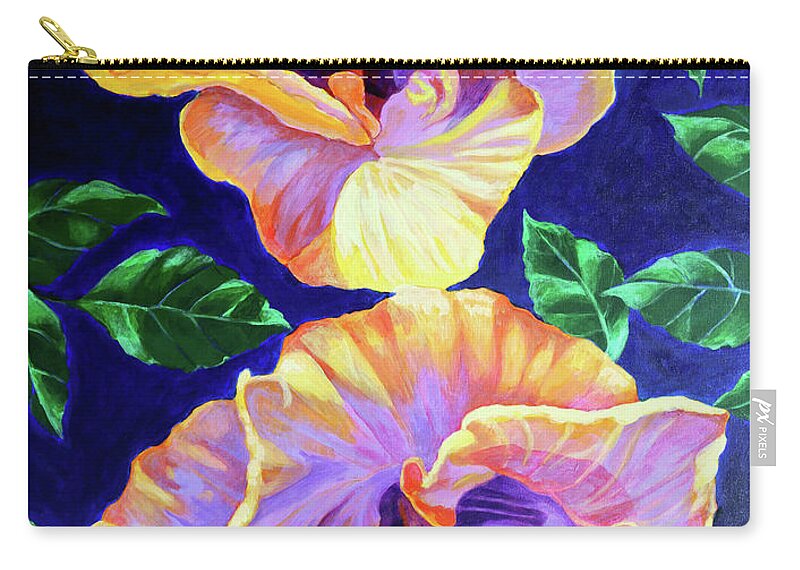 Orange And Violet Hibiscus Flowers Zip Pouch featuring the painting Durga and Kali by Kyra Belan
