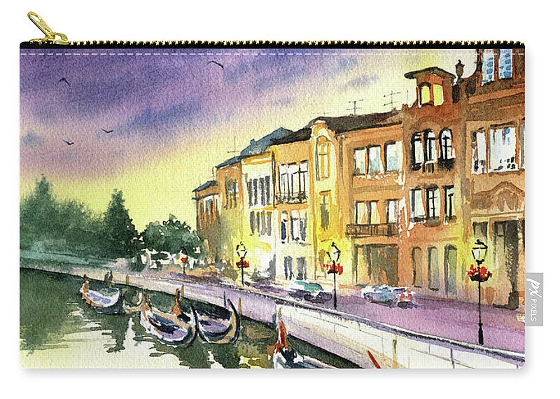 Portugal Zip Pouch featuring the painting Dusk In Aveiro Portugal Painting by Dora Hathazi Mendes