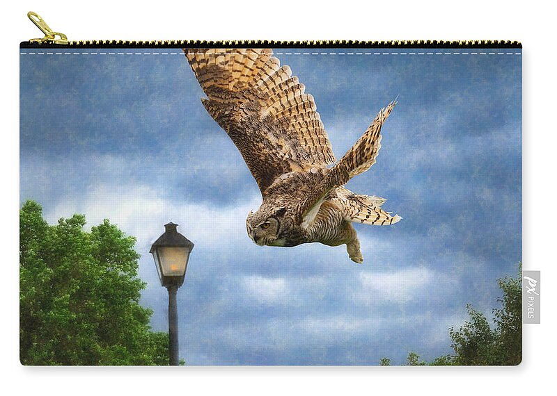 Great Horned Owl Zip Pouch featuring the mixed media Dusk to Dawn by Judy Cuddehe