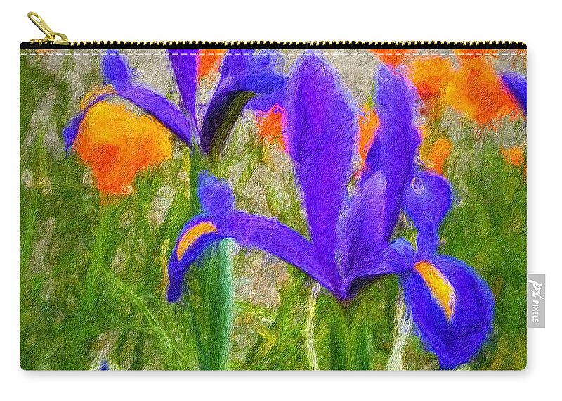 Brushstroke Zip Pouch featuring the photograph Dutch iris and California Poppies by Jeanette French