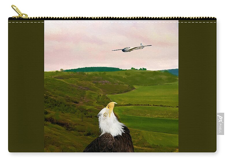 Eagle Zip Pouch featuring the photograph Eagle Watches Unusual Bird Fly Over Her Habitat by Sandi OReilly