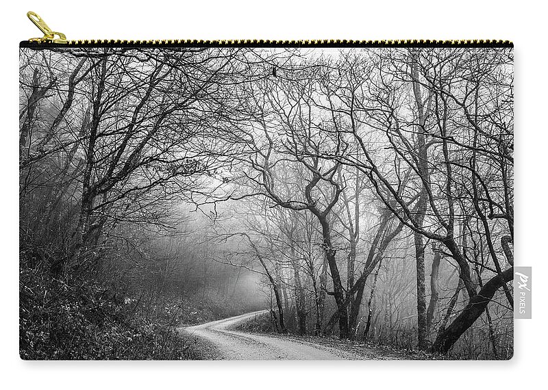 Roads Zip Pouch featuring the photograph Early Winter Light in the Trees Black and White by Debra and Dave Vanderlaan