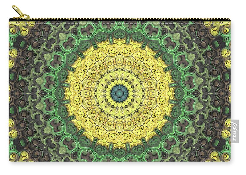 Green Zip Pouch featuring the mixed media Earthy Green and Yellow Mandala Kaleidoscope Medallion by Mercury McCutcheon