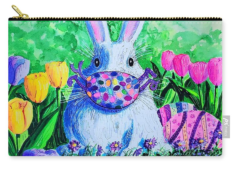 Easter 2020 Was Painted During The Covid-19 Pandemic. Masks Have Since Become The Norm As Well As Social Distancing. Zip Pouch featuring the painting Easter Bunny Mask by Diane Phalen