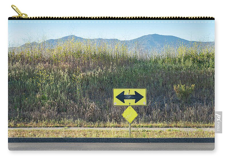 Colorful Simple Road Sign Arrow Two-way Street Santa Barbara Ca California Landscape Golden Hour Weeds Plants Mountain Sky Zip Pouch featuring the photograph Either Way SS by Perry Hambright