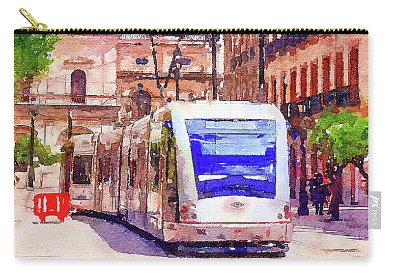 Tram Zip Pouch featuring the mixed media Electric tram Seville, Spain by Tatiana Travelways