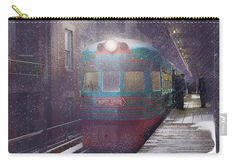 Electroliner Zip Pouch featuring the painting Electroliner in the Snow - Chicago by Glenn Galen