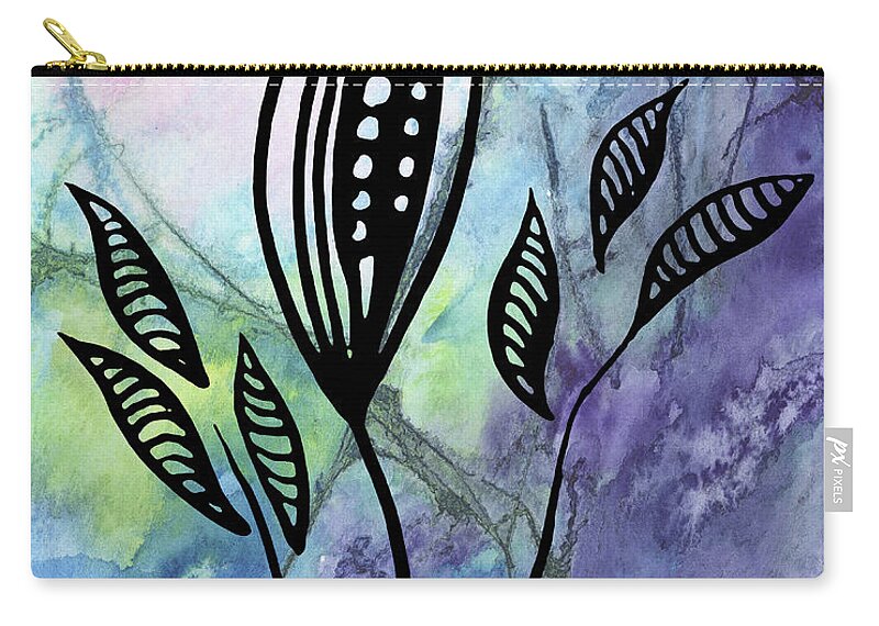 Floral Pattern Zip Pouch featuring the painting Elegant Pattern With Leaves In Blue And Purple Watercolor I by Irina Sztukowski